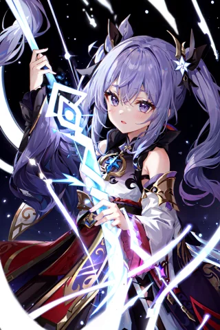 Loralightingvfx0.2 Keqing Genshin Impact, Twintail, Purple H... — Stable Diffusion AI Prompt: keqing \(genshin impact\), twintail, purple hair, absurdres, 1girl surrounded b...