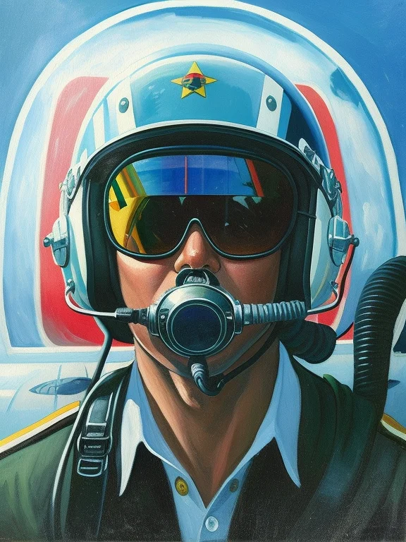 A Painting Of A Pilot In A Cockpit With A Helmet And Goggles...