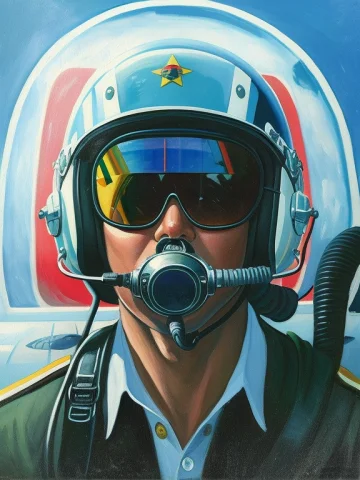 A Painting Of A Pilot In A Cockpit With A Helmet And Goggles... — Stable Diffusion AI Prompt: a painting of a pilot in a cockpit with a helmet and goggles on his face and a h...