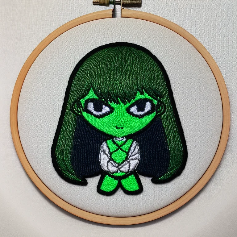 Chibi Alien Girl Symmetric Icon, Green Skin, Embroidery By E...