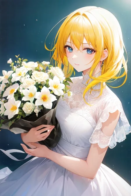 1girl, Solo, Flowers, Yellow Hair, White Flowers In Backgrou...