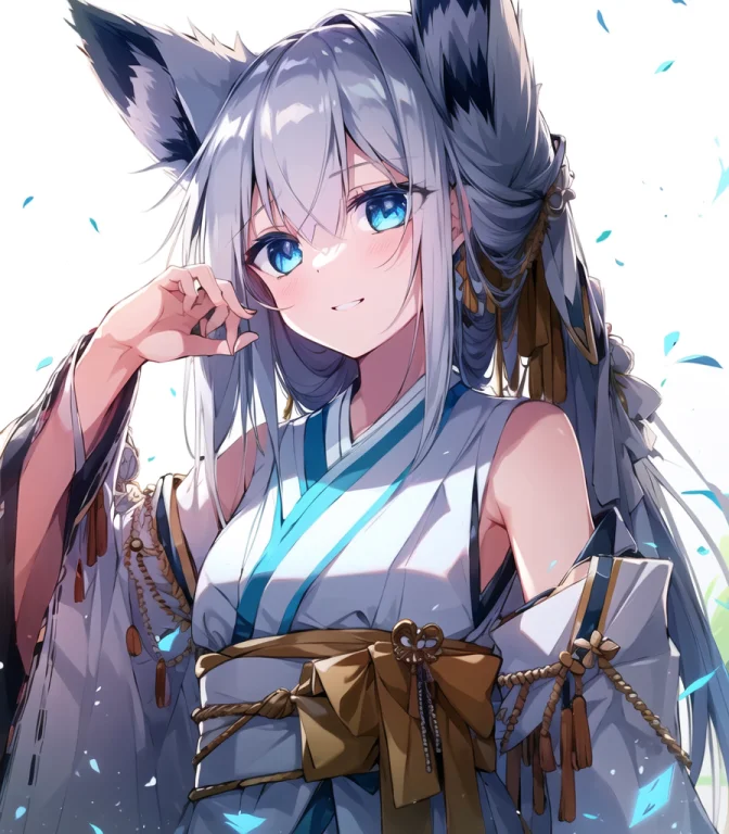 1girl, Animalears, Foxears, Solo,long Hair, Widesleeves, Blu...