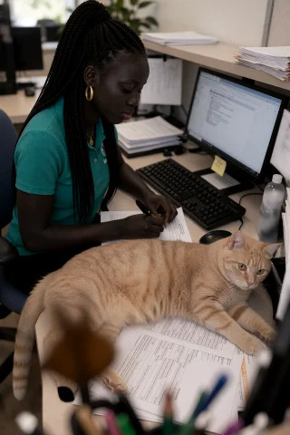 Alekdeng, Sitting At The Cluttered Front Desk Of An Animal S... — Stable Diffusion AI Prompt: alekdeng, sitting at the cluttered front desk of an animal shelter trying to com...