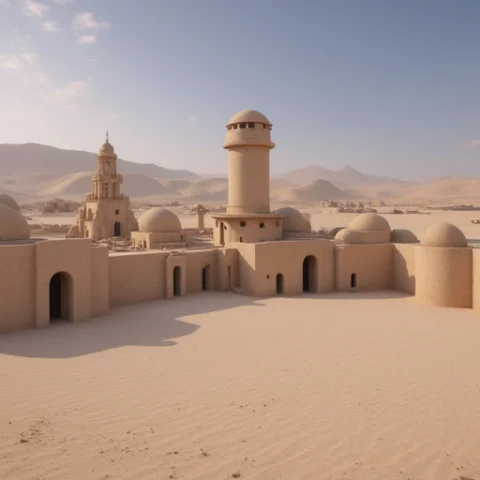 Star Wars, Desert, Scenery, No Humans, Outdoors, Sky, Buildi... — FLUX AI Prompt: star wars, desert, scenery, no humans, outdoors, sky, building, science fiction,...