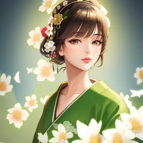 Masterpiece, 4k, Beautiful,kimono, Green, White And Light Gr... — Stable Diffusion AI Prompt: Masterpiece, 4K, beautiful,kimono, green, white and light green flower pattern,...