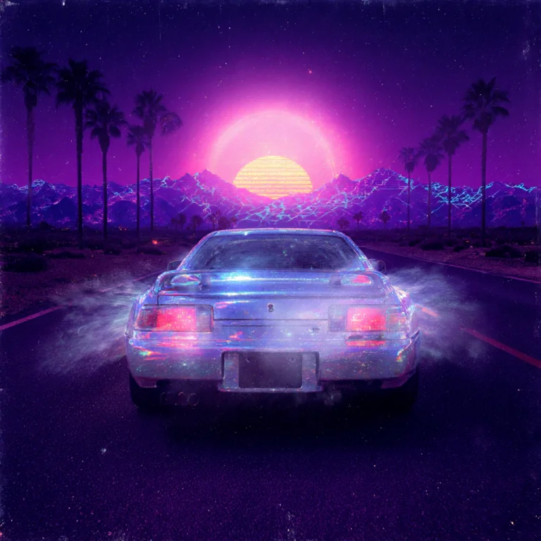 Retro 80s Vaporwave, A Low-angle Tracking Shot Captures A Gl...