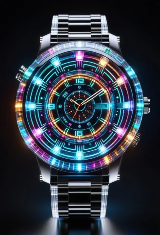 High Quality, An Advanced Futuristic Wristwatch Made Of Colo... — SDXL AI Prompt: high quality, an advanced futuristic wristwatch made of colorful LED lights, tra...