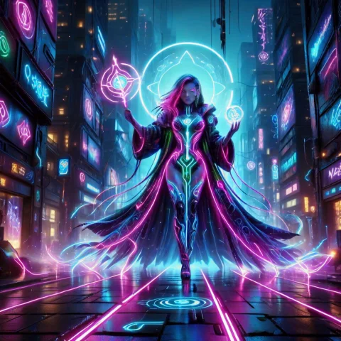 Colorful Led Lights, Powerful Futuristic Cut Casting A Spell... — SDXL AI Prompt: colorful LED lights, powerful futuristic cut casting a spell in the middle of a...