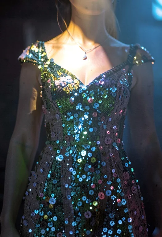 A Sequined Dress Under A Single Hard Spotlight, Photorealist...