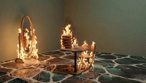 The Floor Is Lava. The Chair Is On Fire. The Table Is On Fir... — FLUX AI Prompt: The floor is lava. The chair is on fire. The table is on fire. The books are a s...