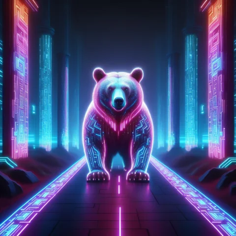 A Long Patterned Pathway That Resemble Digital Light Sources... — SDXL AI Prompt: a long patterned pathway that resemble digital light sources, a bear with lumino...