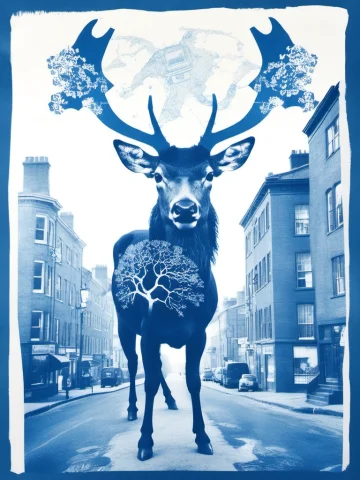 Cyanotype,a Surreal Cyanotype Print Featuring A Stag With Br... — Stable Diffusion AI Prompt: cyanotype,A surreal cyanotype print featuring a stag with branching antlers that...