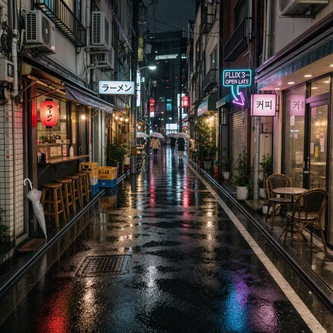 A Rainy Tokyo Side Street At Night, Glowing Shop Signs In Ja... — FLUX AI Prompt: A rainy Tokyo side street at night, glowing shop signs in Japanese, Korean and E...