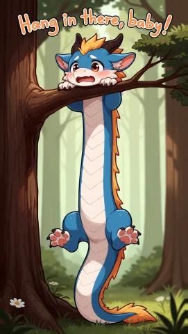 A Cute, Chibi, Baby Eastern Dragon Is Holding Onto The Branc... — Stable Diffusion AI Prompt: A cute, chibi, baby eastern dragon is holding onto the branch of an extremely ta...