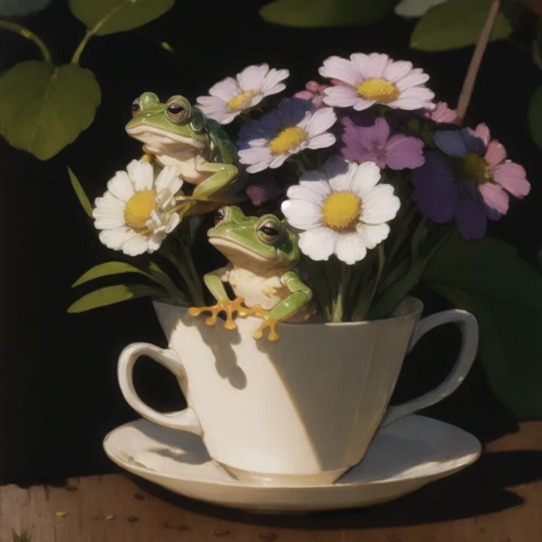A Frog Sitting In A Teacup. Style-petal