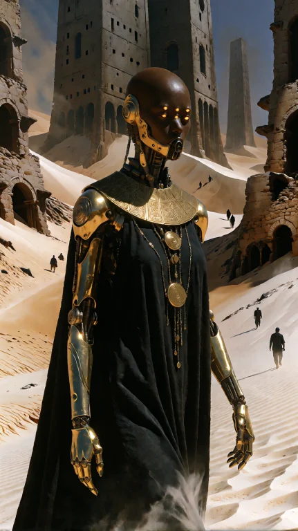 A Slender Cybernetic Woman Walks Alone Through An Enormous A...