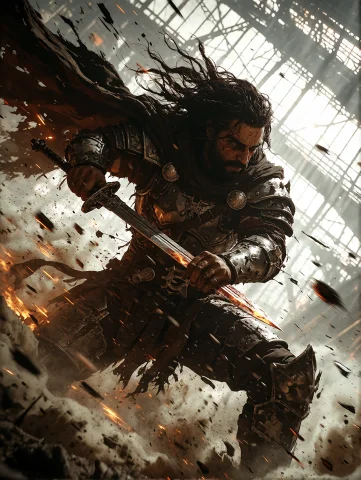 Dynamic Diagonal Composition, Warrior Drawing A Sword During... — Stable Diffusion AI Prompt: dynamic diagonal composition, warrior drawing a sword during battle, flowing cap...