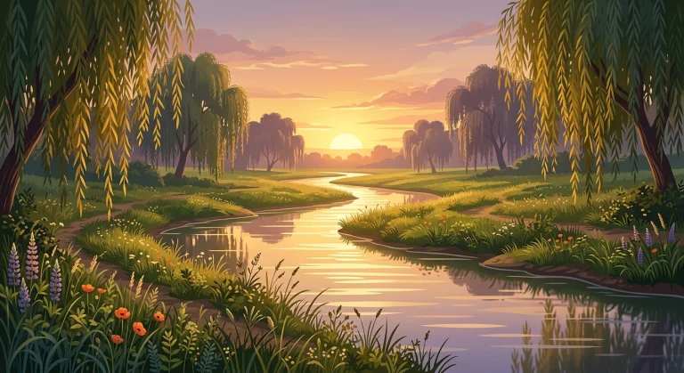 A Beautiful Peaceful Summer River Winding Through A Lush Nat...