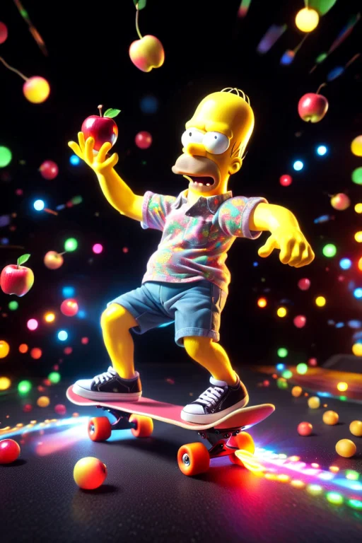 A Cinematic Action Sceen Of A Homer Simpson Riding A Skatebo...