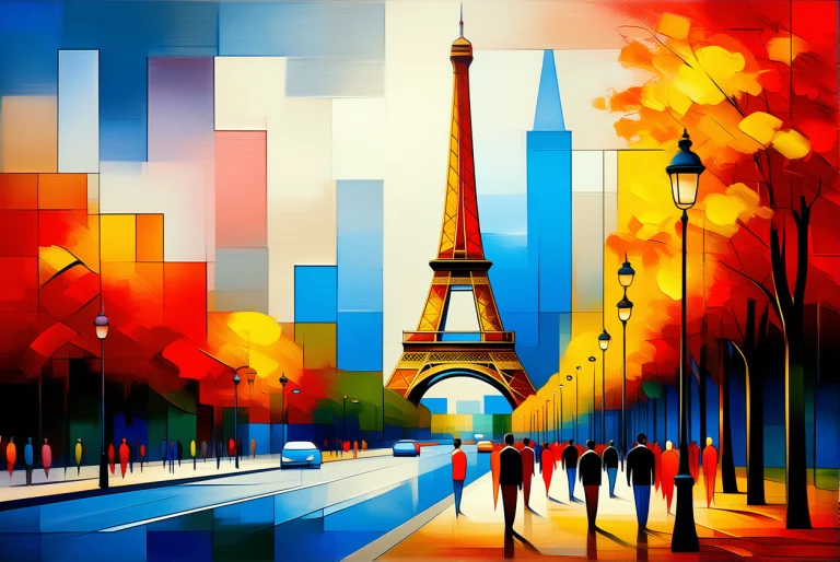 An Abstract Painting Of The Eiffel Tower On The Paris Skylin...