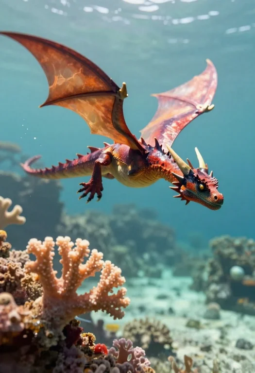 A Coral Dragon Gliding Over A Bright Reef, Digital Painting,...