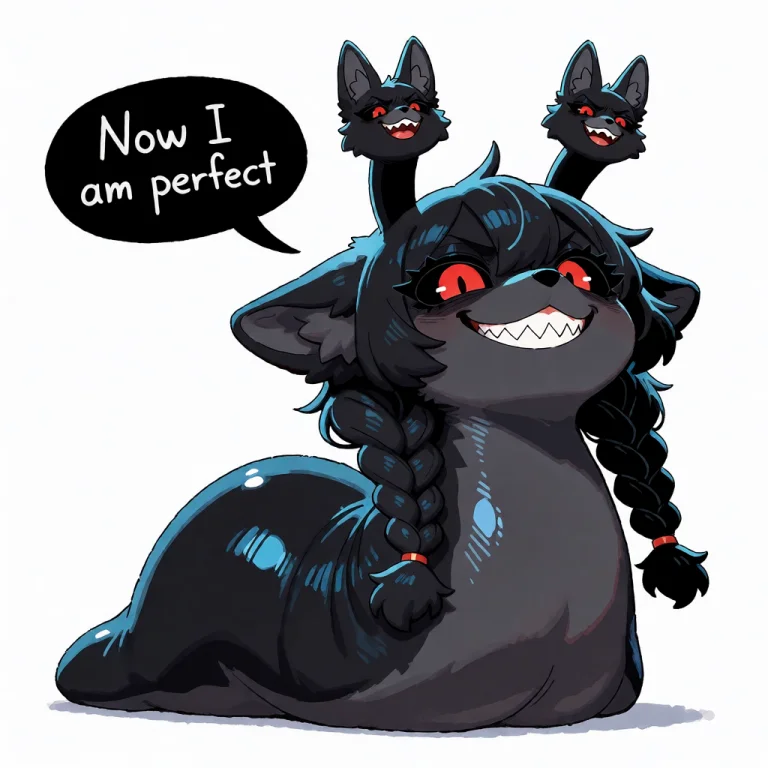Chibi Raithwyn Slug Black Fox-girl, Twin Braids, Red Eyes Wi...