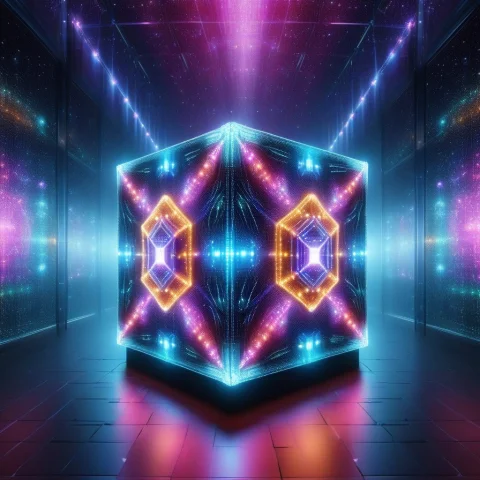 Led, Colorful Led Lights, A Regal Translucent Gelatinous Cub... — SDXL AI Prompt: LED, colorful LED lights, a regal translucent gelatinous cube works as the bounc...
