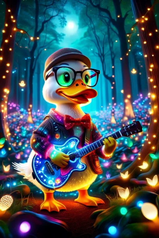 A Cute Duck Wearing Glasses With Big Yyy In A Magical Forest...