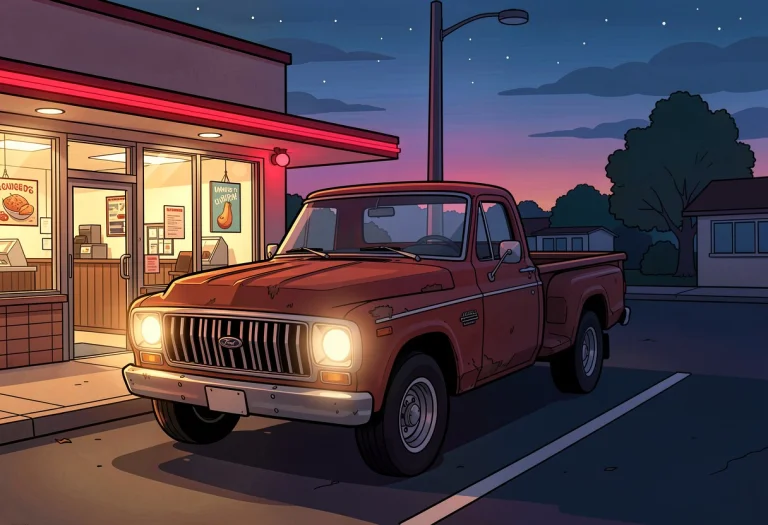 An Old Pickup Truck Parked By A Diner At Dusk, Flat Color Il...