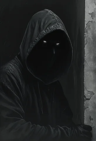 Looming Hooded Stranger With Blacked Out Eyes Watches You Fr... — SDXL AI Prompt: looming hooded stranger with blacked out eyes watches you from a distant corner,...