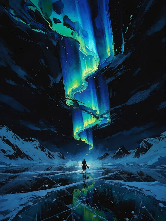 An Epic Long Shot Ink And Watercolor Painting. A Tiny Lone M...