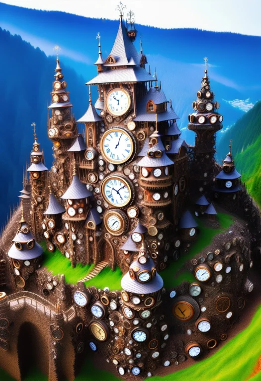 An Impressive Castle Made Of Clock Towers Up On A Rocky Hill...