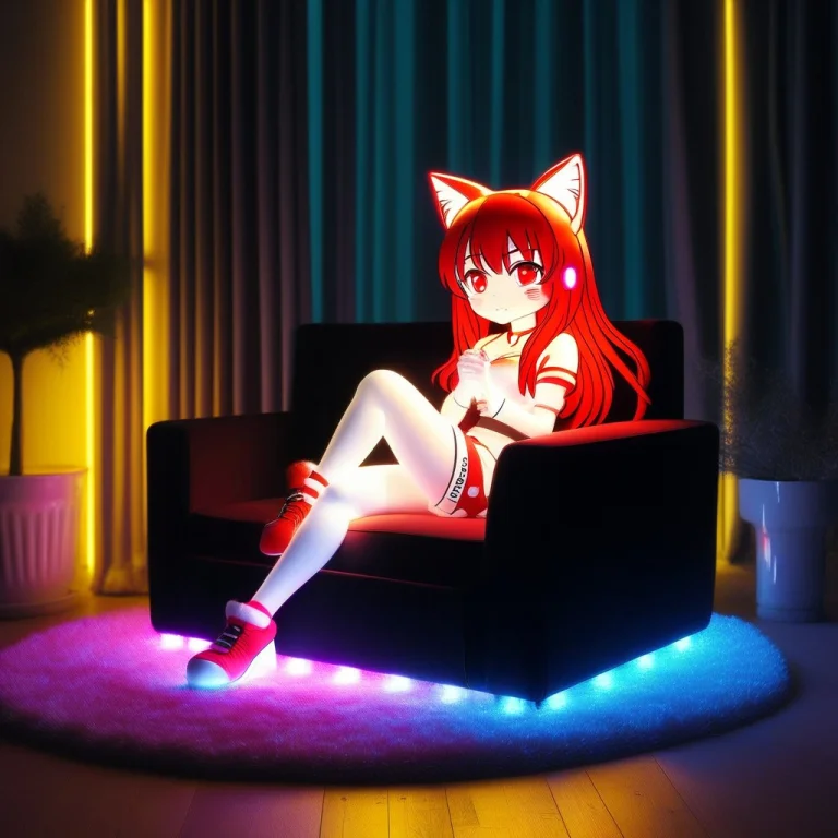 A 3d Chibi Anime Red Hair Cat Girl Sit On Led, Colorful Led...
