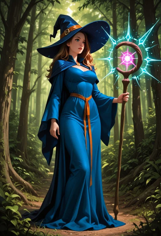 Woman, Witch, Blue Dress, Hat, Holding Staff, Magical Energy...