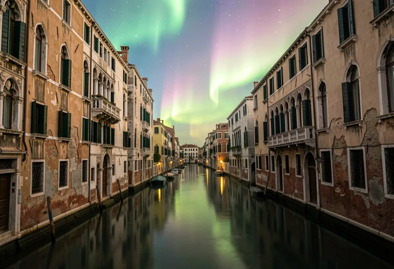 A Venetian Canal Lined With Weathered Palazzos, Aurora Glow,...