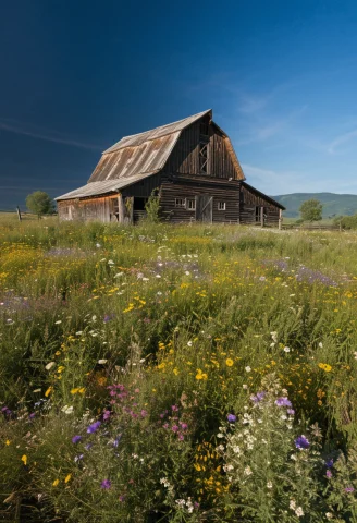 Rustic Charm An Old, Weathered Wooden Barn Surrounded By A B... — Stable Diffusion AI Prompt: "Rustic Charm": An old, weathered wooden barn surrounded by a blooming wildflowe...