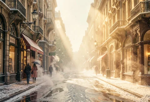 A Market Street Steaming After Summer Rain, Art Nouveau, Vol... — Stable Diffusion AI Prompt: a market street steaming after summer rain, art nouveau, volumetric god rays, su...