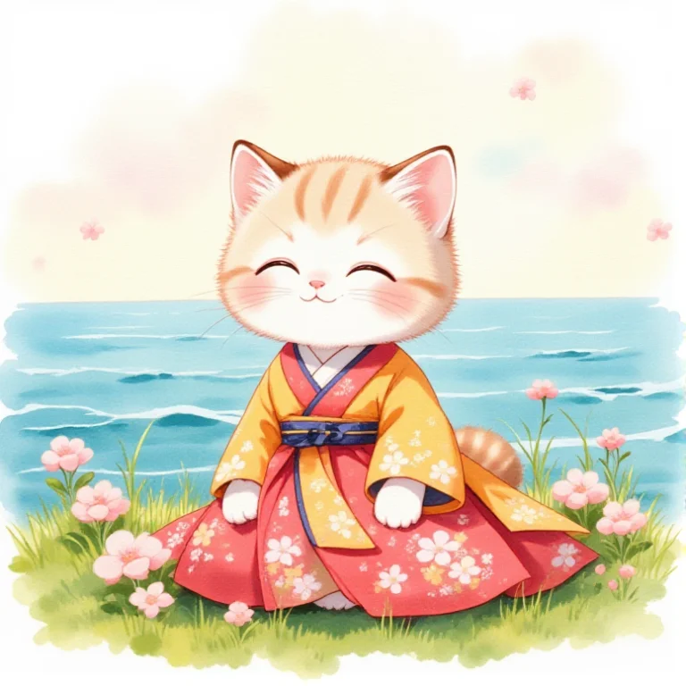 Watercolor Painting Of A Cute Female Kitten Dressed In A Vib...
