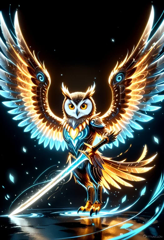 Owl, Floating, Holding A Sword By The Talon, Digital Art, Wi...