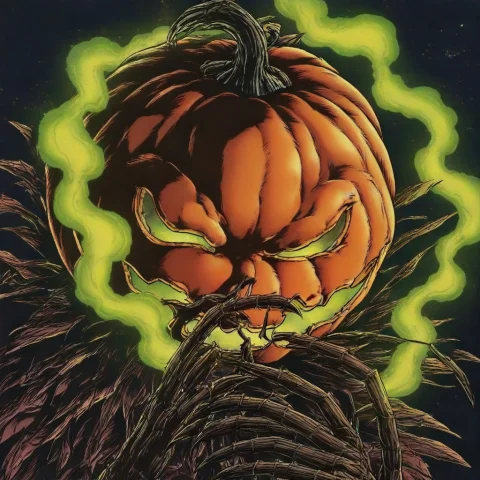 Pumpkin Head, Green Glow, Green Fire, Scarecrow, No Human, C... — Stable Diffusion AI Prompt: pumpkin head, green glow, green fire, scarecrow, no human, claws,
