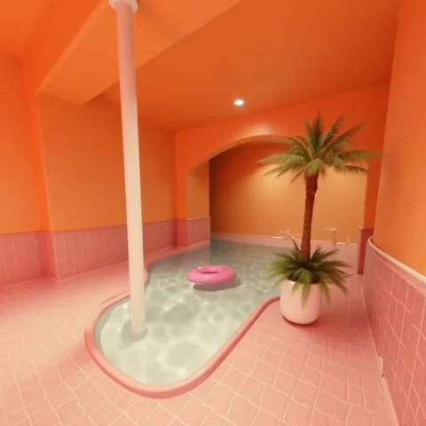 Dpstyle, Orange And Pink Tiled Room, Curved Archway Into A S... — FLUX AI Prompt: dpstyle, orange and pink tiled room, curved archway into a small pool with a pin...