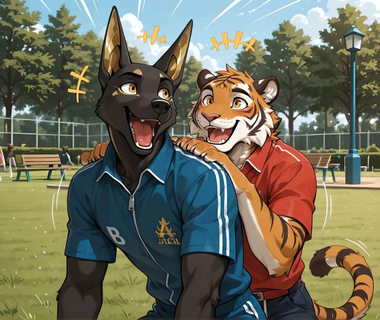 Detailed, 2males, Furry, Duo, Excited, Dog Park, Tiger And A...
