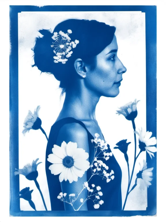 Cyanotype,a Side Profile Portrait Of A Woman Merged With Blo...