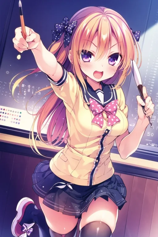 1girl, Sakura Chiyo, Solo, Polka Dot Bow, Purple Eyes, Thigh...
