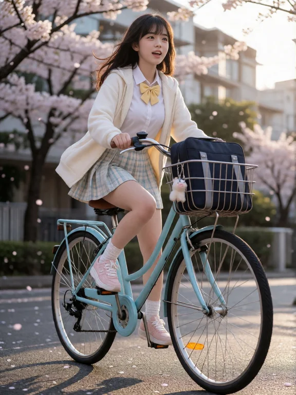 一名年輕女性騎著海藍色自行車前進，真人寫實風格，神情輕鬆中帶...