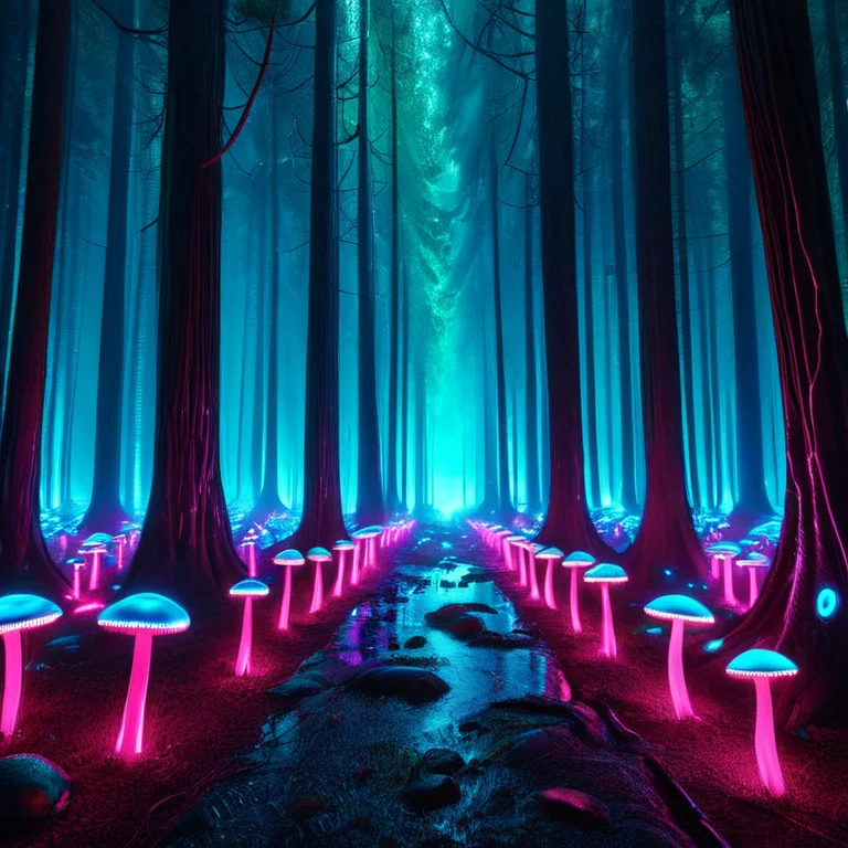 A Dark Forest Where The Trees And Mushrooms Glow From Within...