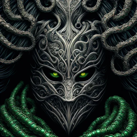 Front View The Close Up Of Face Portrait Of One Silver And G... — Stable Diffusion AI Prompt: Front view the ((close up of face) portrait of one (Silver and Green) anatomical...