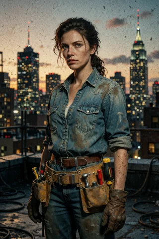 A Woman In A Denim Shirt And Tool Belt Stands On A Rooftop A... — Stable Diffusion AI Prompt: A woman in a denim shirt and tool belt stands on a rooftop at dusk with a city s...