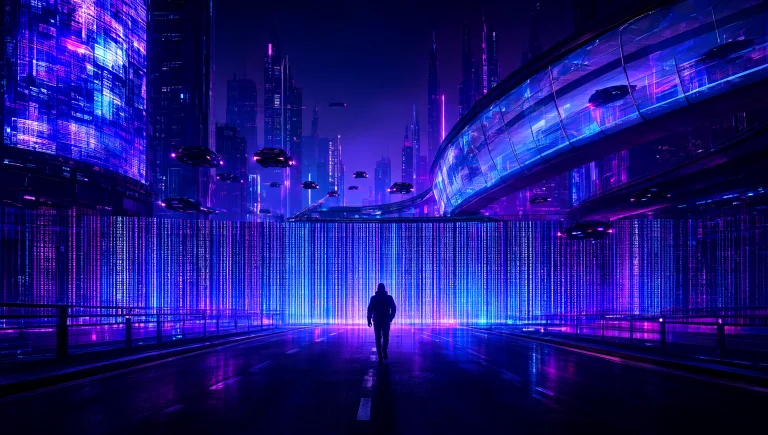 The Image Is A Wide Cyberpunk Illustration Of A Neon-drenche...