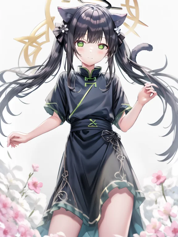 Shunbluearchive,halo,green Eyes, Twintails,cat Ears,torino A...